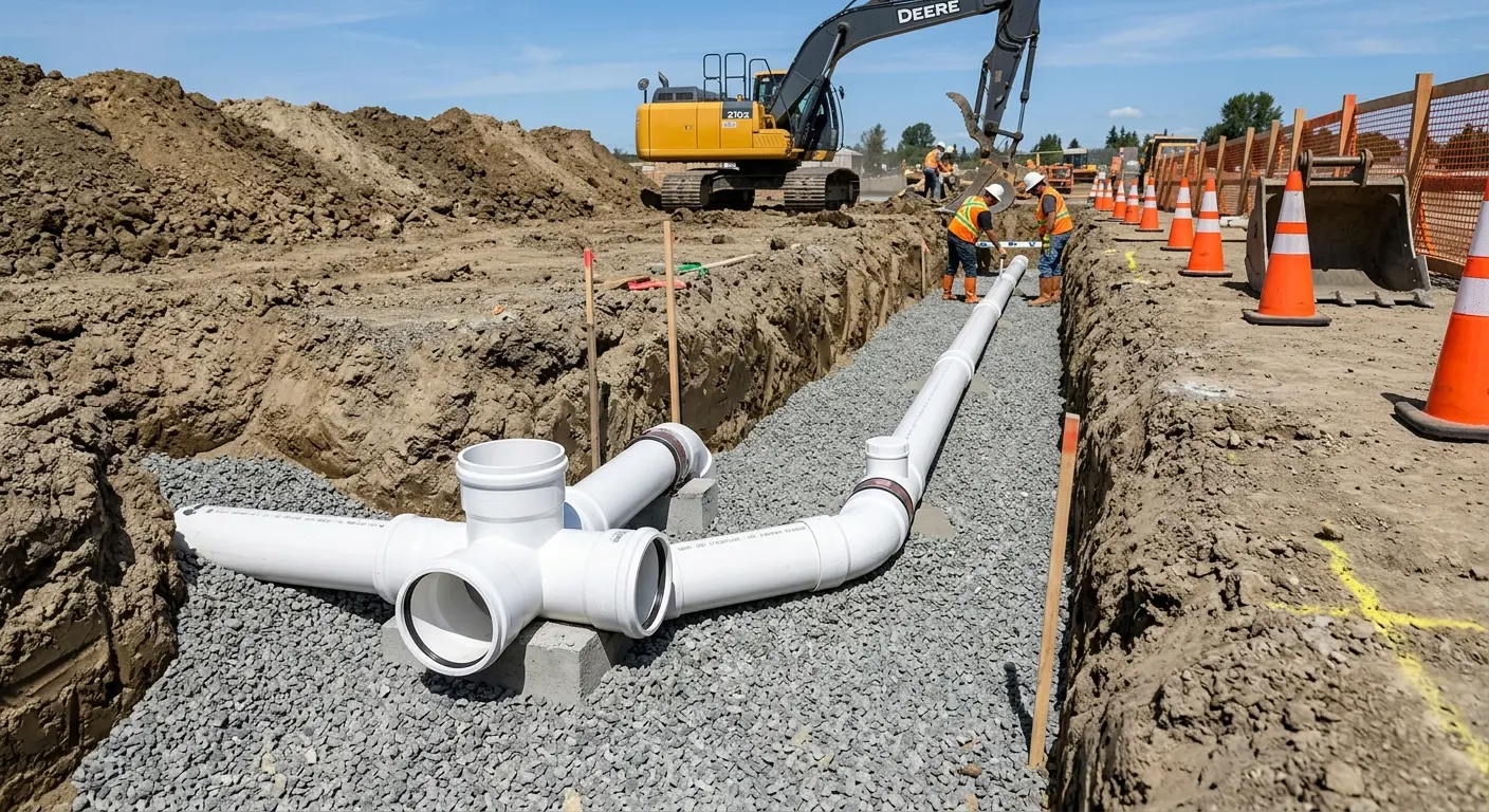 New PVC sewer pipe installation in open trench for Sewer Camera Inspection in New Bedford