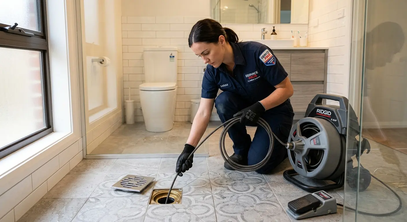 Technician clearing a bathroom floor drain for Hydro Jetting in New Bedford